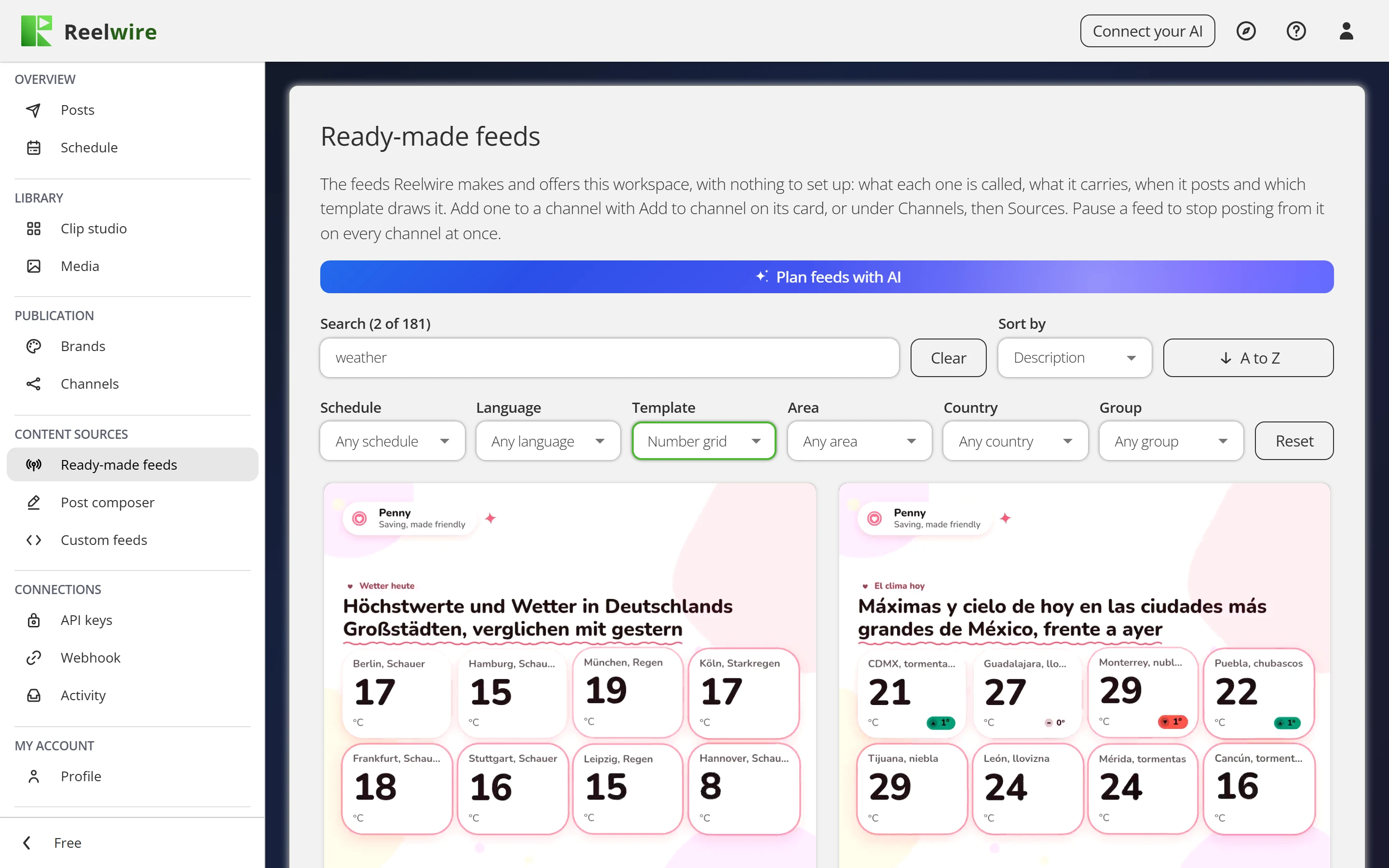 Ready-made feeds: weather feeds, each with its schedule