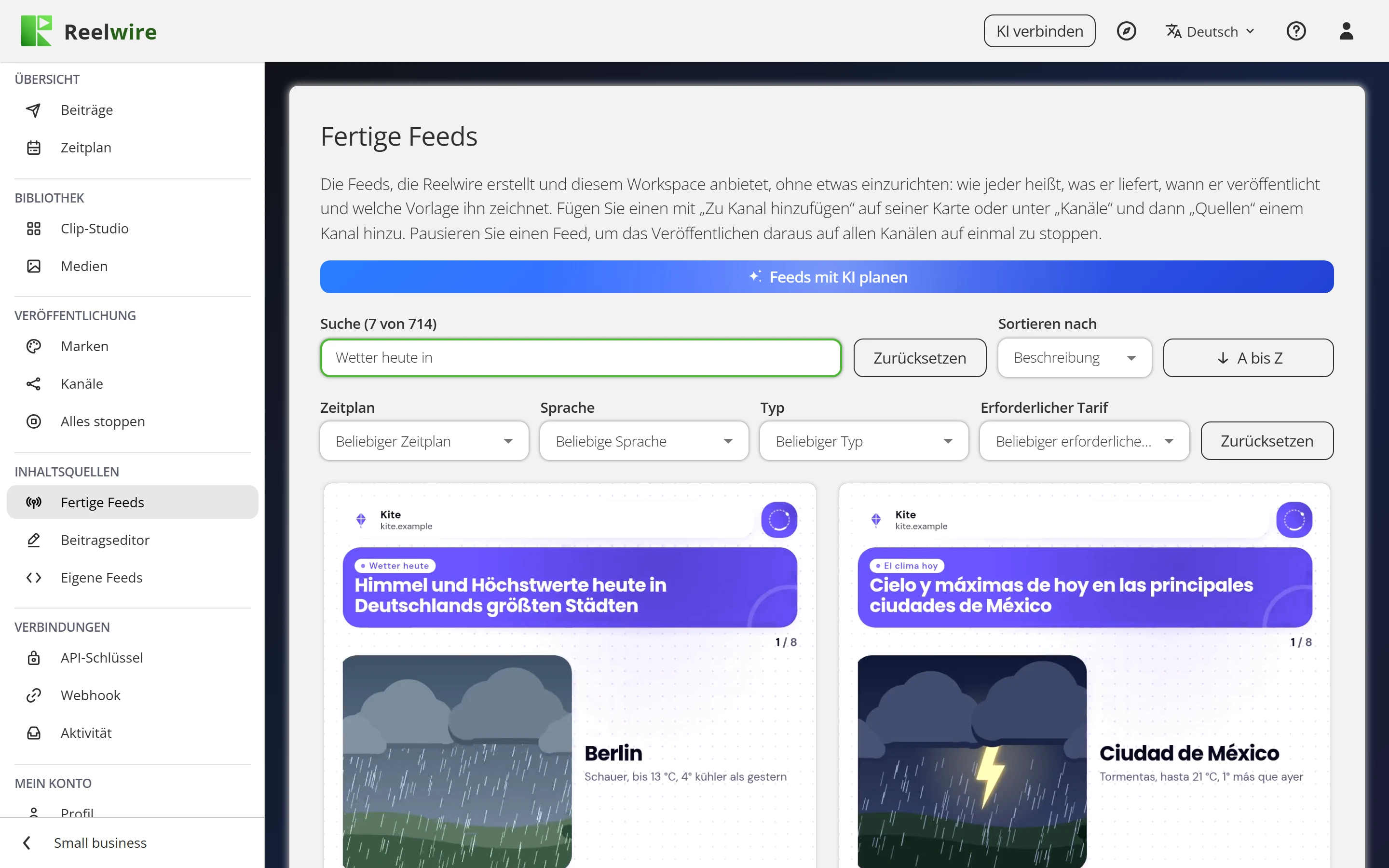 Ready-made feeds: weather feeds, each with its schedule