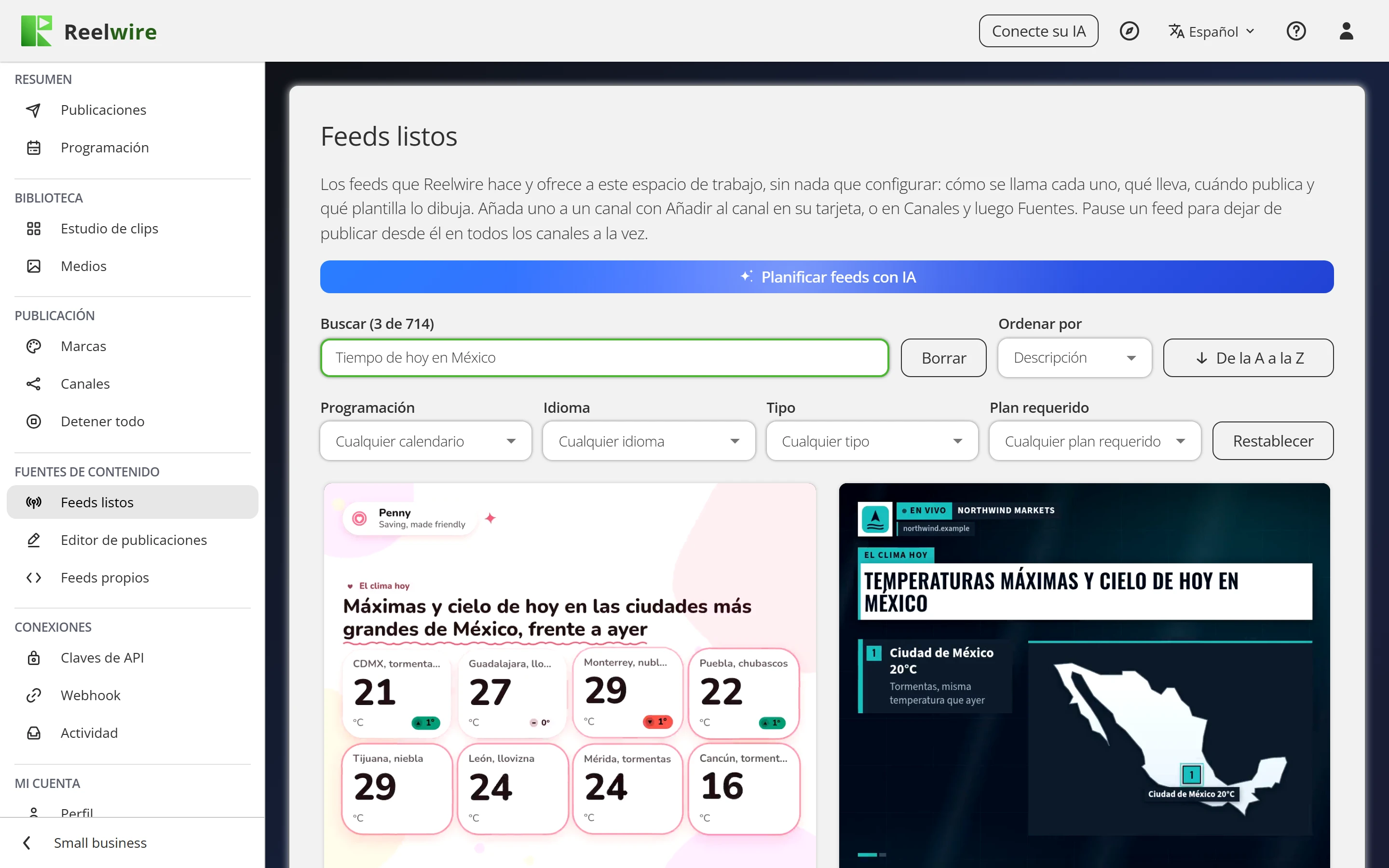 Ready-made feeds: weather feeds, each with its schedule