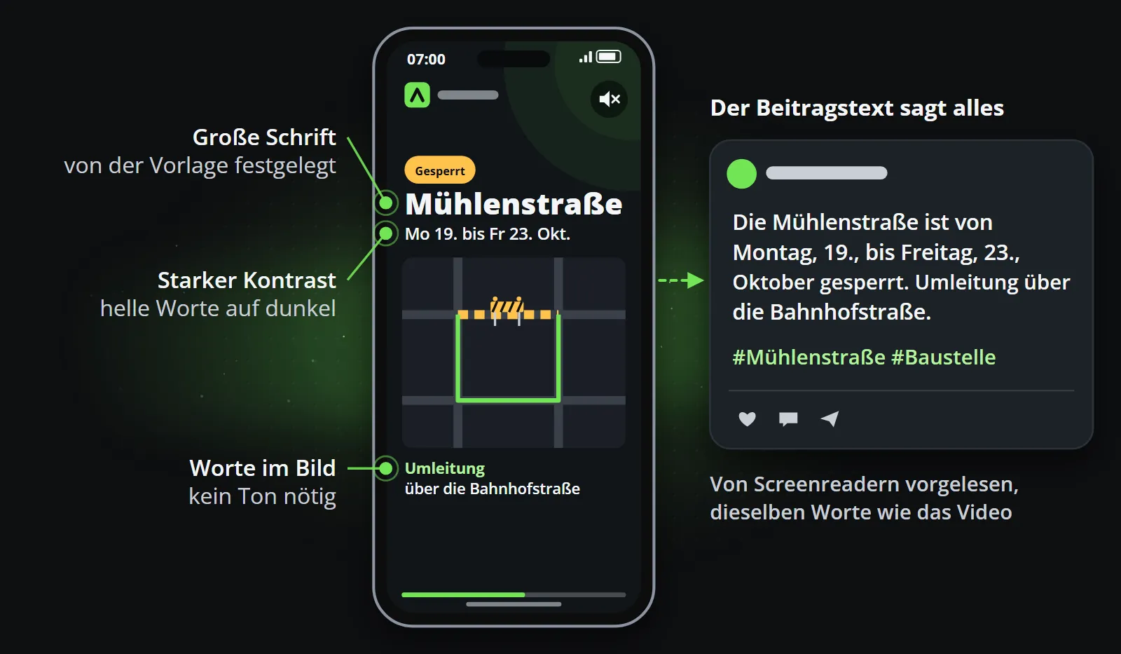 Ein Beitrag zu einer Straßensperrung mit markierter großer Schrift, starkem Kontrast und Worten im Bild, neben seinem Beitragstext, der für Screenreader alles wiederholt, was das Video sagt