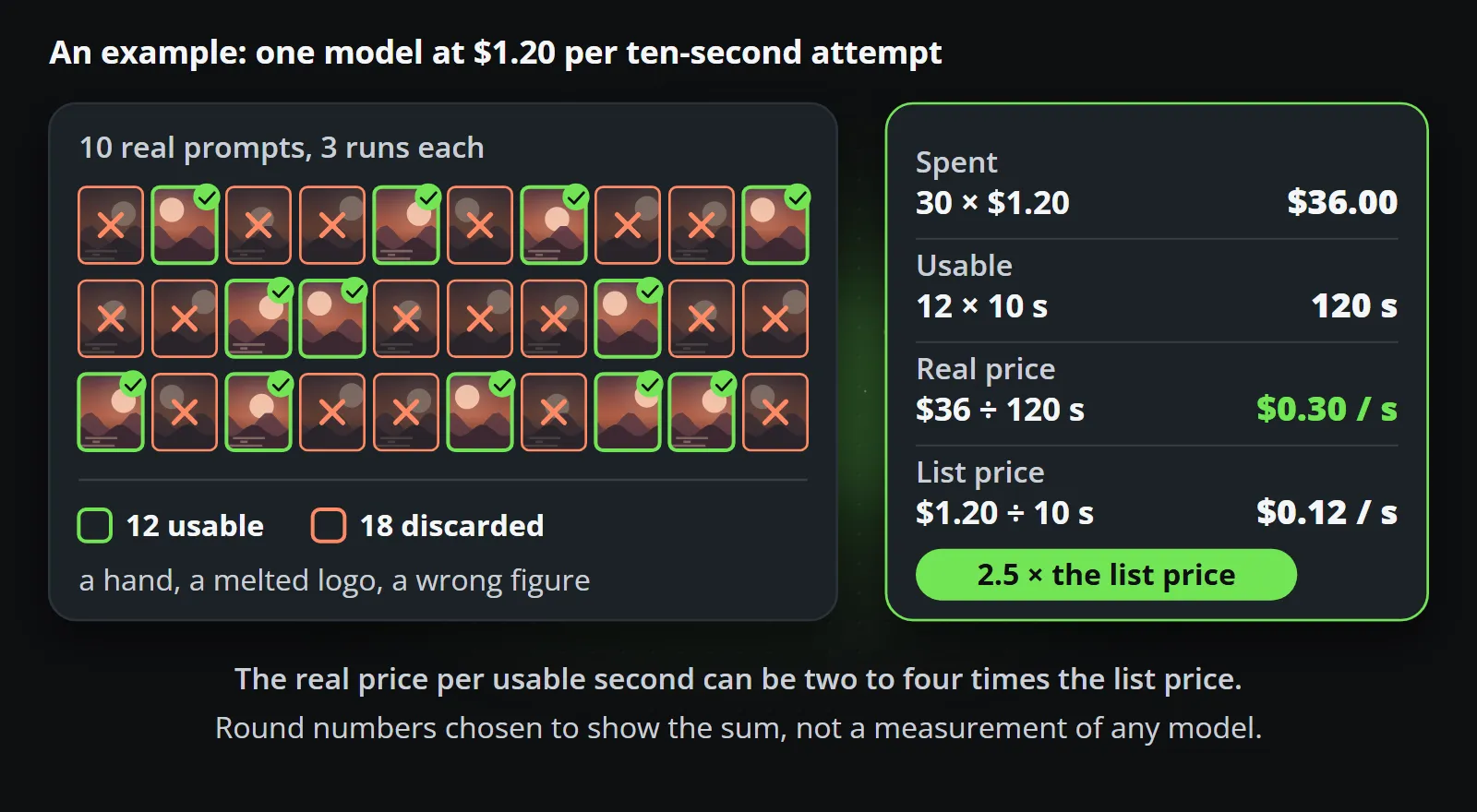 An example fair test: 10 prompts run 3 times each make 30 attempts, of which 12 are usable and 18 are discarded; 30 attempts at $1.20 cost $36, 12 usable clips of ten seconds make 120 seconds, so the real price is $0.30 a second against a list price of $0.12, 2.5 times the list price
