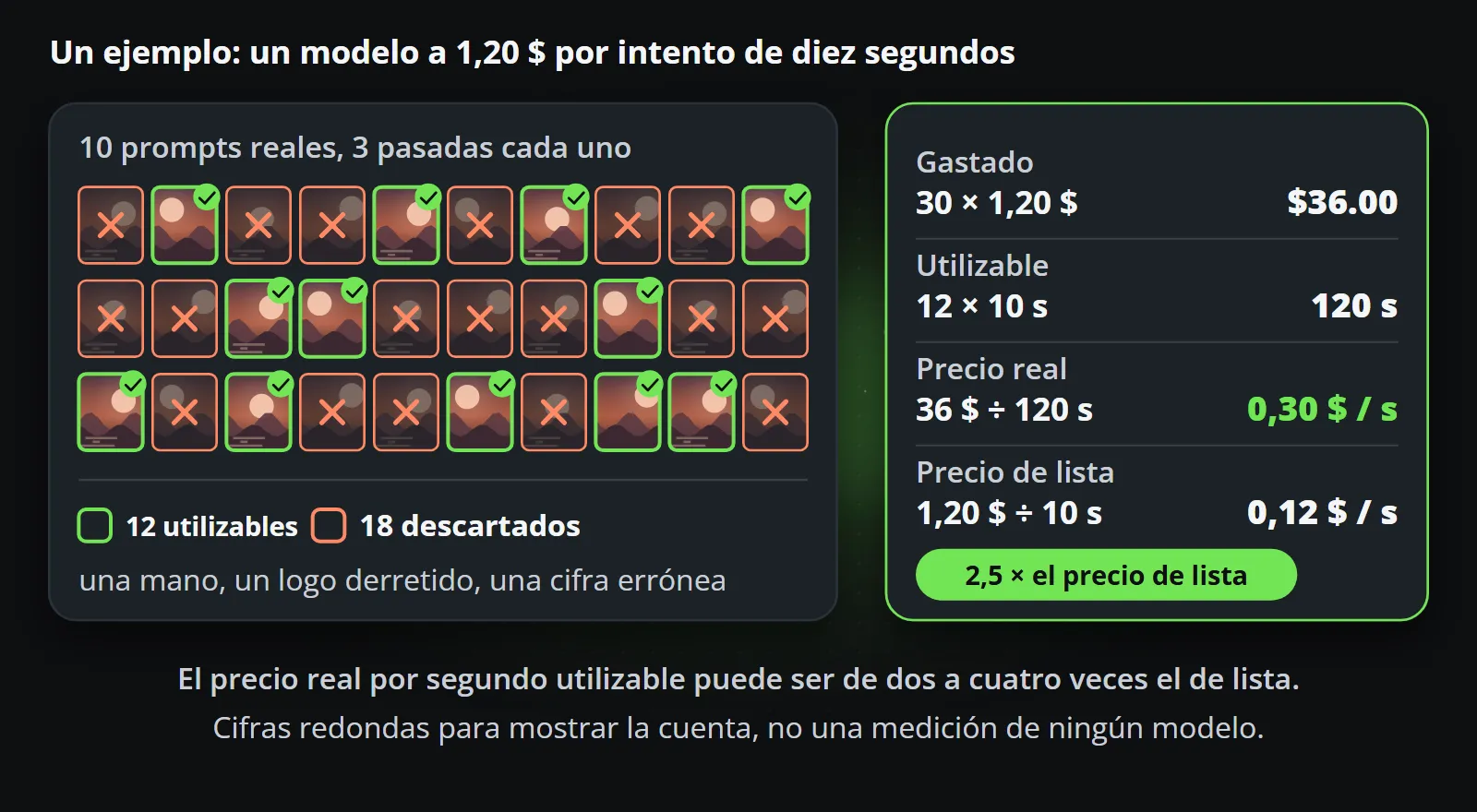 Un ejemplo de prueba justa: 10 prompts ejecutados 3 veces cada uno dan 30 intentos, de los cuales 12 son utilizables y 18 se descartan; 30 intentos a 1,20 USD cuestan 36 USD, 12 clips utilizables de diez segundos suman 120 segundos, así que el precio real es de 0,30 USD por segundo frente a un precio de lista de 0,12 USD, 2,5 veces el precio de lista
