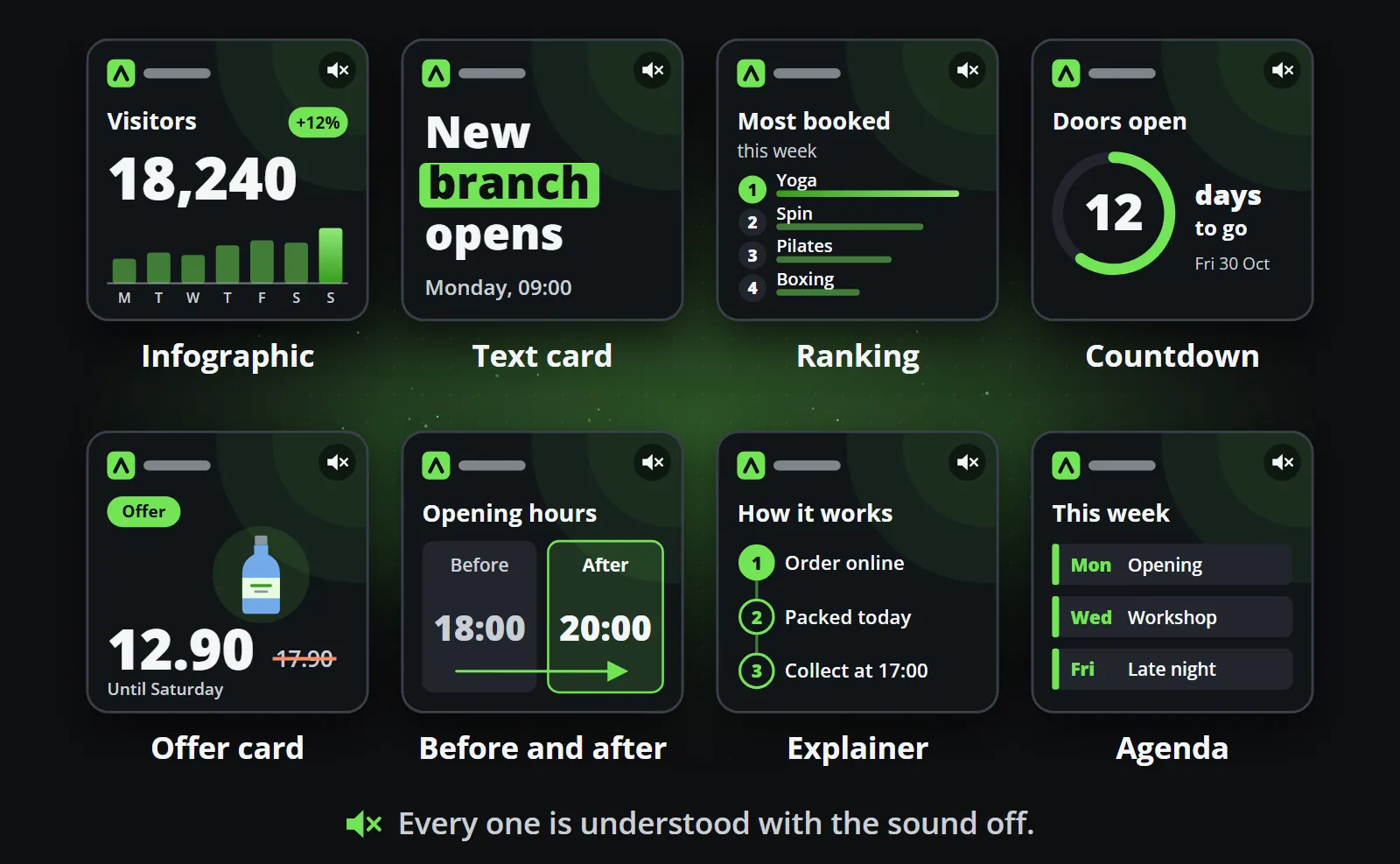 Eight faceless formats as branded clips, each with its sound muted: an infographic, a text card, a ranking, a countdown, an offer card, a before and after, an explainer and an agenda