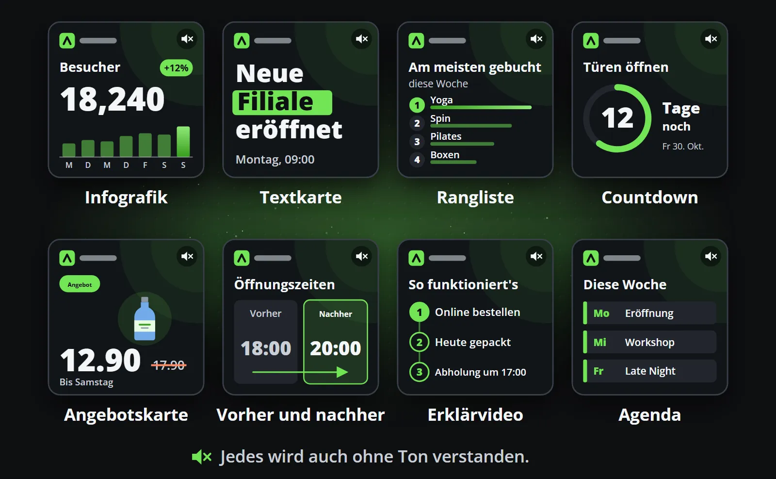 Acht Formate ohne Gesicht als markentreue Clips, jeweils mit stummgeschaltetem Ton: eine Infografik, eine Textkarte, ein Ranking, ein Countdown, eine Angebotskarte, ein Vorher-nachher, ein Erklärvideo und eine Agenda