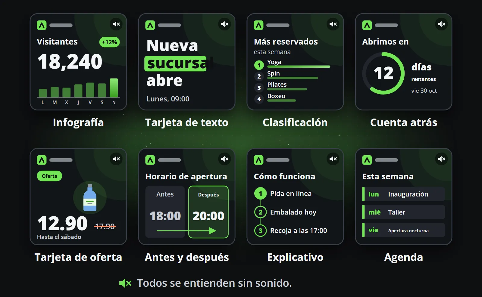 Ocho formatos sin rostro como clips de marca, cada uno con el sonido silenciado: una infografía, una tarjeta de texto, una clasificación, una cuenta atrás, una tarjeta de oferta, un antes y después, un explicativo y una agenda