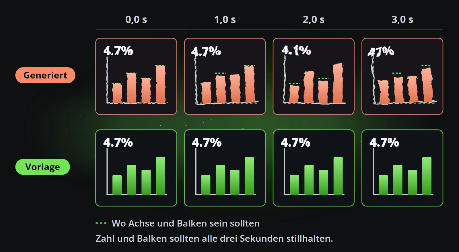 Ein Diagramm, das drei Sekunden lang 4,7 % zeigt: In den generierten Bildern kippt die Achse, die Balken wandern von der Stelle, an der sie sein sollten, und die Zahl wird zu 4,1 % und 47 %; in den Vorlagenbildern bewegt sich nichts