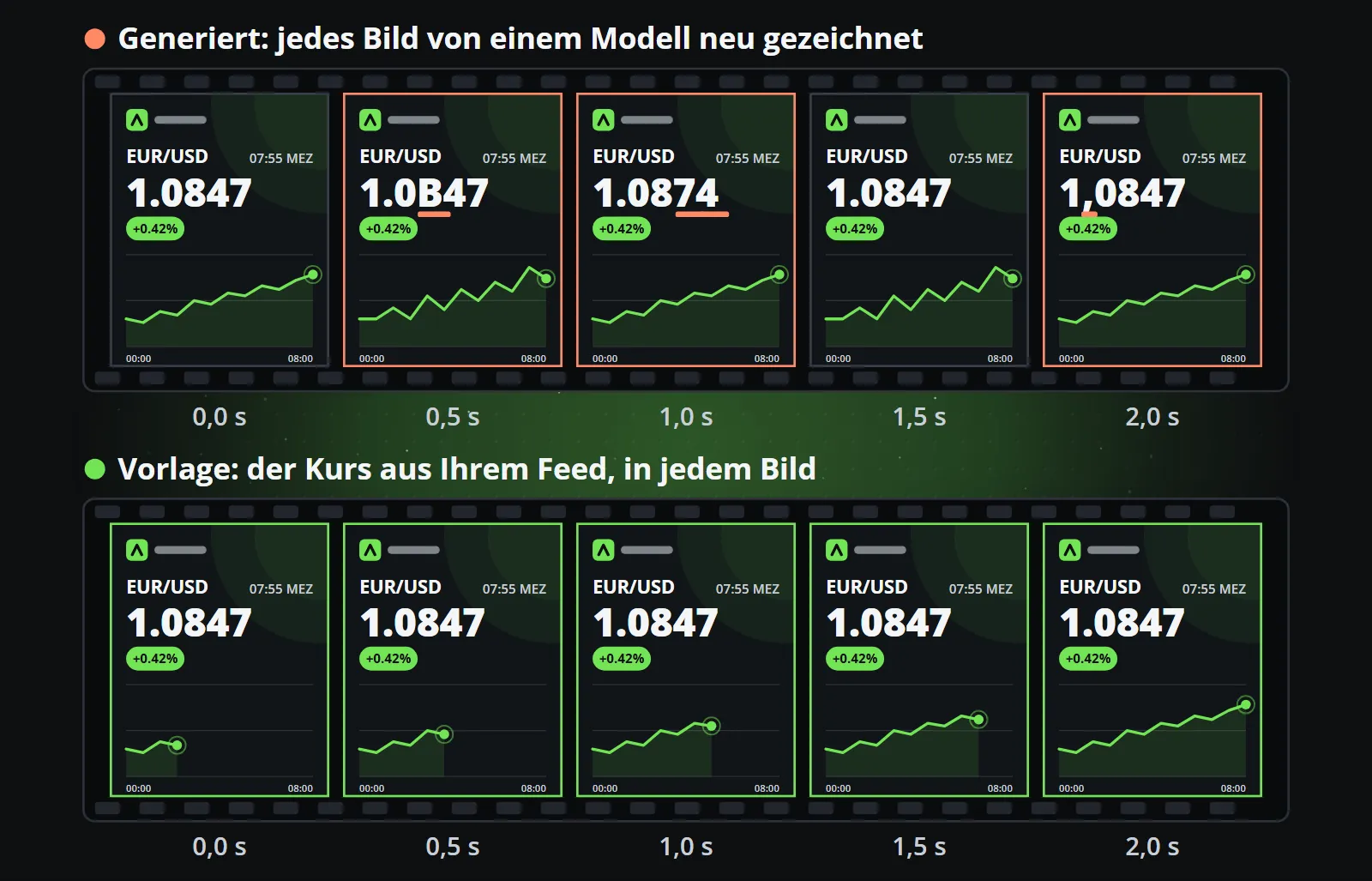 Zwei Filmstreifen derselben zwei Sekunden: im generierten steht der Stand erst auf 1,0847, dann auf 1,0B47, dann auf 1,0874, dann wieder auf 1,0847 und schließlich auf 1.0847; im Vorlagen-Streifen steht in jedem Einzelbild 1,0847, während sich das Diagramm aufbaut
