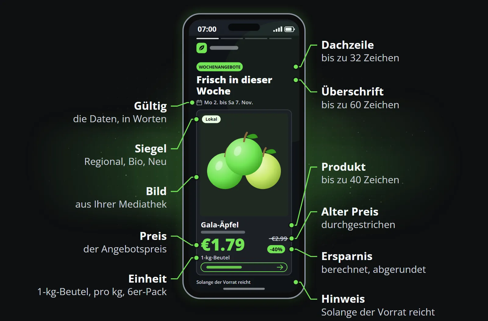Der Aufbau eines wöchentlichen Angebotsclips auf einem Smartphone: Kicker, Überschrift, die Daten, das Bild des Produkts mit einer Plakette „Regional“, sein Name, der Preis, der durchgestrichene alte Preis, die Ersparnis und die Einheit, mit einem Hinweis am Fuß