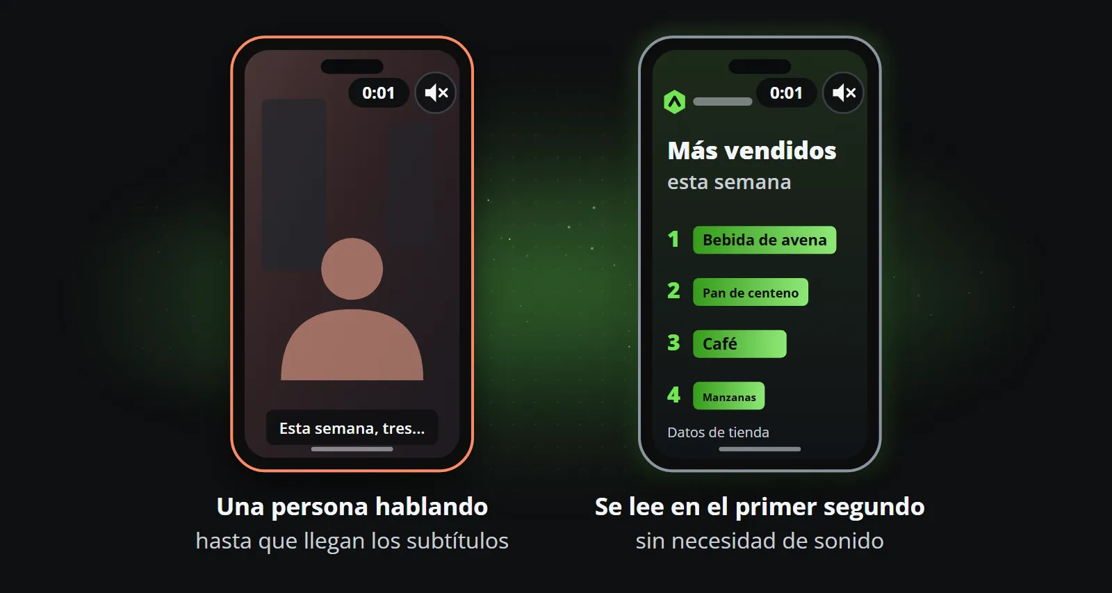 Dos teléfonos en silencio un segundo después de empezar el clip: a la izquierda un presentador sin rostro con los subtítulos apenas empezando, a la derecha un ranking de los más vendidos de esta semana, ya legible