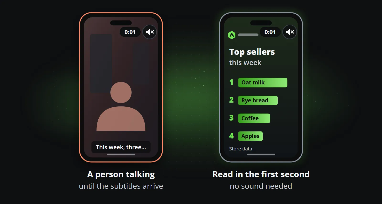 Two muted phones one second into a clip: on the left a faceless presenter with the subtitles only just starting, on the right a ranking of this week's top sellers, already readable