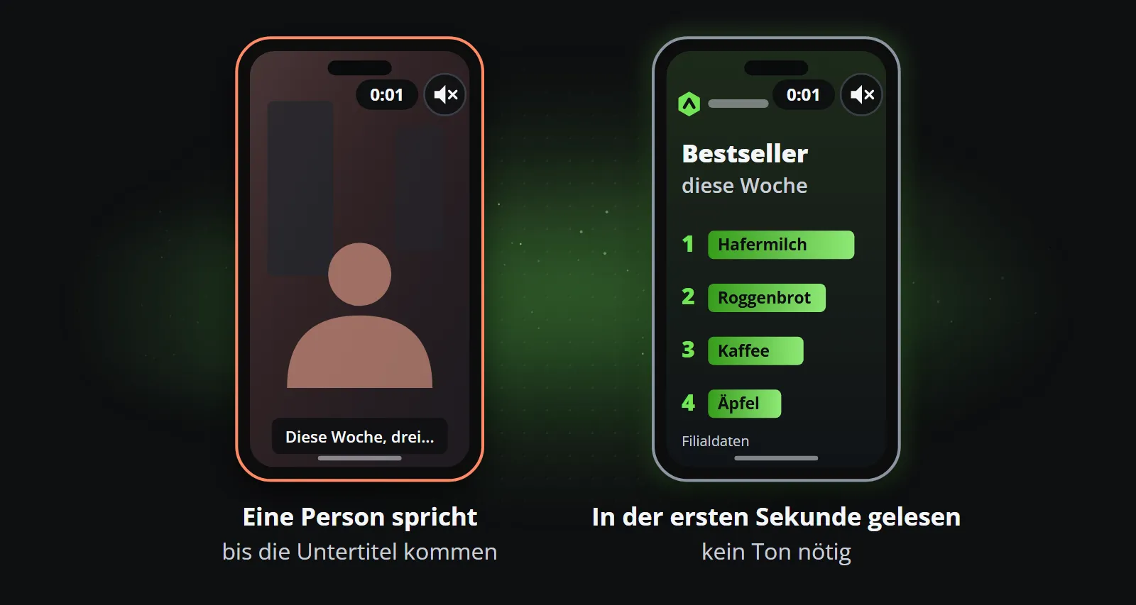 Zwei stumme Smartphones eine Sekunde nach Clipbeginn: links ein gesichtsloser Moderator, dessen Untertitel gerade erst anfangen, rechts ein Ranking der Bestseller dieser Woche, schon lesbar
