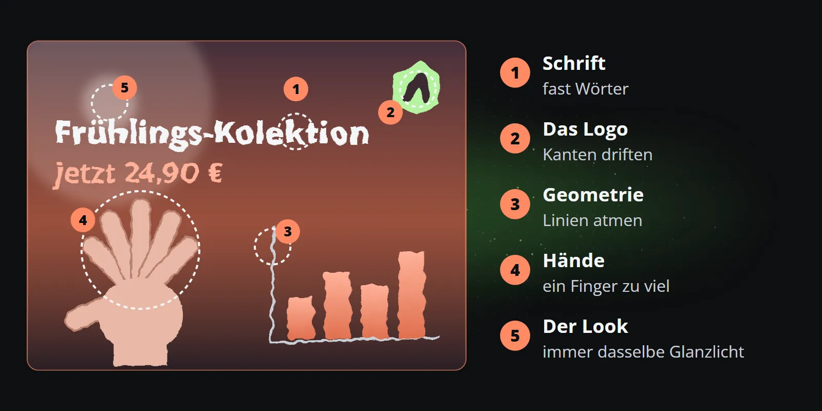 Ein generiertes Sale-Bild mit den fünf markierten Merkmalen: die falsch geschriebene Schrift, ein Logo mit abdriftenden Kanten, ein Diagramm, dessen Linien atmen, eine Hand mit einem Finger zu viel und dasselbe glänzende Licht wie bei jedem anderen generierten Clip