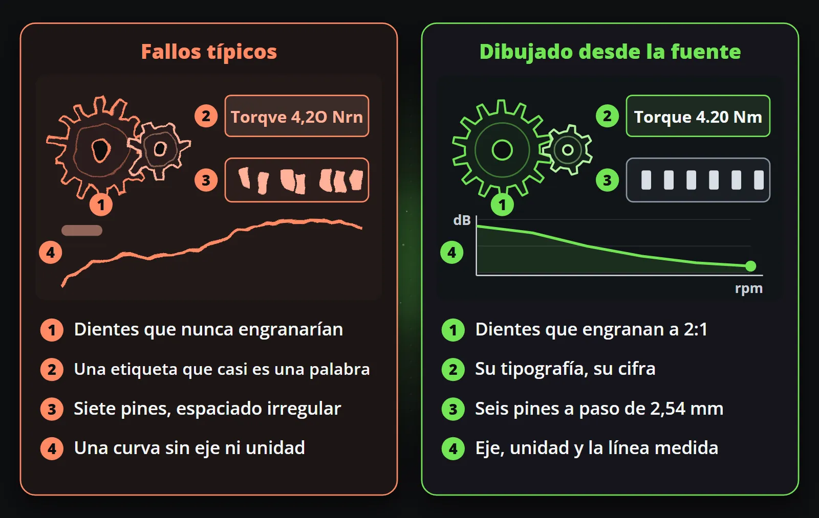 Los mismos cuatro detalles, como ilustración de fallos típicos de las imágenes generadas a la izquierda y dibujados a partir de la fuente a la derecha: dientes de engranaje que nunca podrían engranar frente a dientes que engranan a 2:1, una etiqueta con «Torqve 4,2O Nrn» frente a «Torque 4.20 Nm» en la tipografía de la marca, siete pines espaciados de forma irregular frente a seis con paso de 2,54 mm, y una curva sin eje frente a un gráfico con eje, unidad y la línea medida.