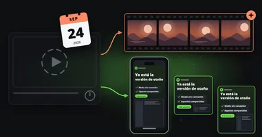 Un reproductor de video atenuado y apagado bajo una hoja de calendario del 24 de septiembre de 2026, con dos caminos que continúan: uno hacia una tira de película con metraje de paisajes generado, el otro hacia un teléfono y dos fotogramas que muestran la misma publicación de lanzamiento dibujada desde una plantilla en tres formatos.
