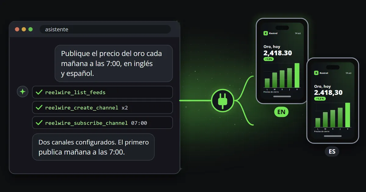 El chat de un asistente al que se pide el precio del oro cada mañana a las 7:00 en inglés y en español, las llamadas a herramientas que hace y un enchufe que lo conecta con dos teléfonos que muestran el clip en inglés y en español.