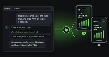 El chat de un asistente al que se pide el precio del oro cada mañana a las 7:00 en inglés y en español, las llamadas a herramientas que hace y un enchufe que lo conecta con dos teléfonos que muestran el clip en inglés y en español.