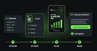 Cuatro estaciones en una misma vía con sus horas: el JSON de un evento a las 07:55:00, una versión de plantilla que comprueba sus campos a las 07:55:01, el clip dibujado en un teléfono a las 07:56 y el correo electrónico que lo entrega a las 08:00 con una marca de verificación.
