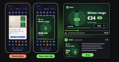An illustration of a possible placement: two phones in the same mobile game, paused for an interstitial ad, one showing a generic slideshow of a product photo with stock lettering and a stock button, the other the brand's own clip in its colours and type. Beside them the same clip as a wide pre-roll and a square sponsored post.