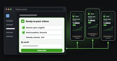 A broker's partner portal with a sign-up page embedded in it, where partners tick the channels they want, and three phones on the right showing the same approved market clip, each posted on a different partner's account.