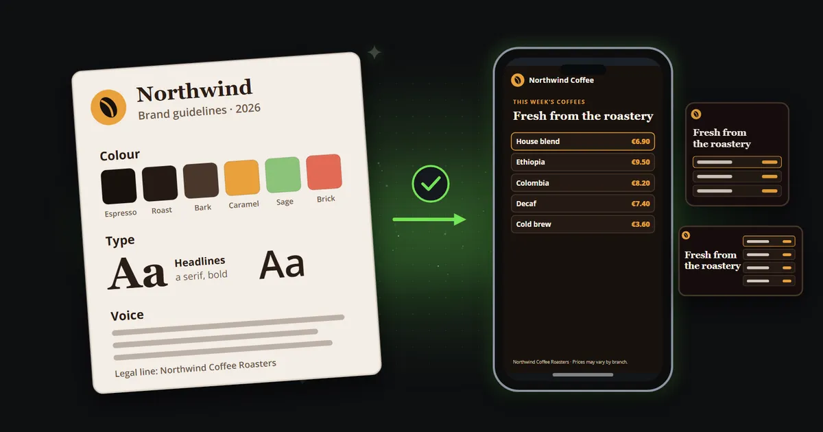 A printed brand style guide for a coffee roaster, with its logo, six colour swatches and two type specimens, and an arrow to a phone showing a price list clip in exactly those colours and fonts, with a square and a wide version beside it.