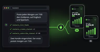 Der Chat eines Assistenten, der jeden Morgen um 7:00 Uhr den Goldpreis auf Englisch und Spanisch verlangt, die Tool-Aufrufe, die er macht, und ein Stecker, der ihn mit zwei Telefonen verbindet, die den Clip auf Englisch und auf Spanisch zeigen.