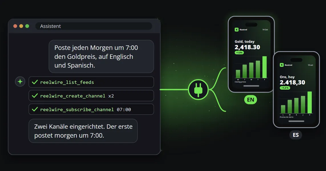 Der Chat eines Assistenten, der jeden Morgen um 7:00 Uhr den Goldpreis auf Englisch und Spanisch verlangt, die Tool-Aufrufe, die er macht, und ein Stecker, der ihn mit zwei Telefonen verbindet, die den Clip auf Englisch und auf Spanisch zeigen.