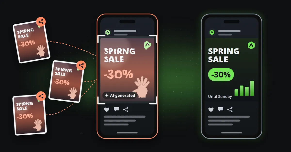 A generated brand post in a phone, with a misspelt sale headline, a warped logo, a malformed hand and an AI-generated label, being screenshotted while three copies of it are shared; beside it the same sale drawn cleanly from a template in a second phone.