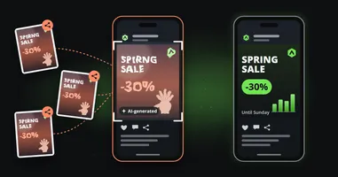A generated brand post in a phone, with a misspelt sale headline, a warped logo, a malformed hand and an AI-generated label, being screenshotted while three copies of it are shared; beside it the same sale drawn cleanly from a template in a second phone.