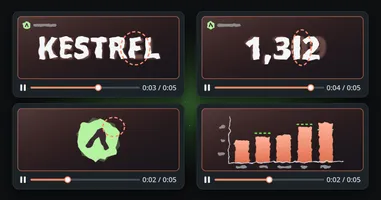 Four generated test clips paused on their worst frame: a company name with a wrong letter, a counter with a wrong digit, a warped revolving logo, and a bar chart whose bars miss the green marks where they should end.