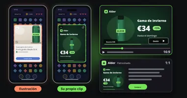 Una ilustración de una posible ubicación: dos teléfonos en el mismo juego móvil, en pausa por un anuncio intersticial, uno con una presentación genérica de una foto de producto con rotulación y botón de serie, el otro con el clip propio de la marca en sus colores y su tipografía. A su lado, el mismo clip como pre-roll apaisado y como publicación patrocinada cuadrada.