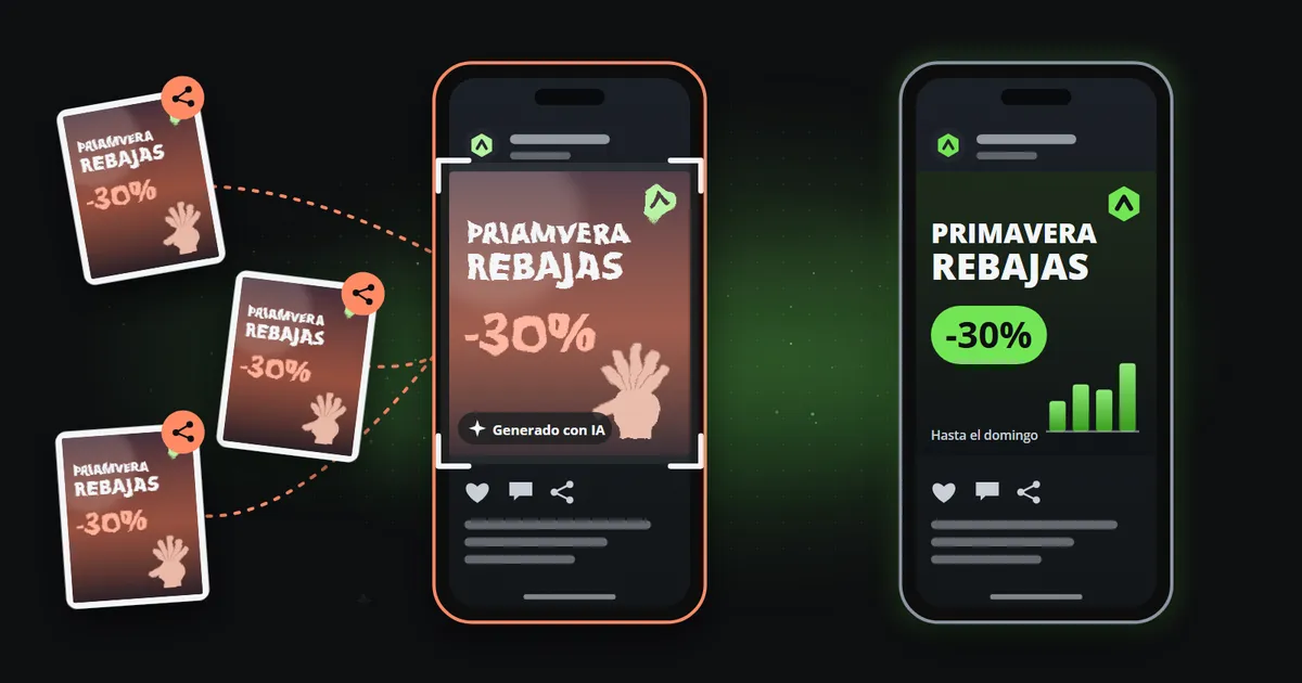 Una publicación de marca generada en un teléfono, con un titular de rebajas mal escrito, un logo deformado, una mano malformada y una etiqueta de IA, a la que le hacen una captura mientras se comparten tres copias; a su lado, las mismas rebajas dibujadas con limpieza desde una plantilla en un segundo teléfono.