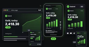 The same gold price clip on a video page in 16:9, a phone in 9:16, a feed post in 4:5, a chat in 1:1 and a pin in 2:3, laid out again for each shape with the logo, headline, figure and chart whole.