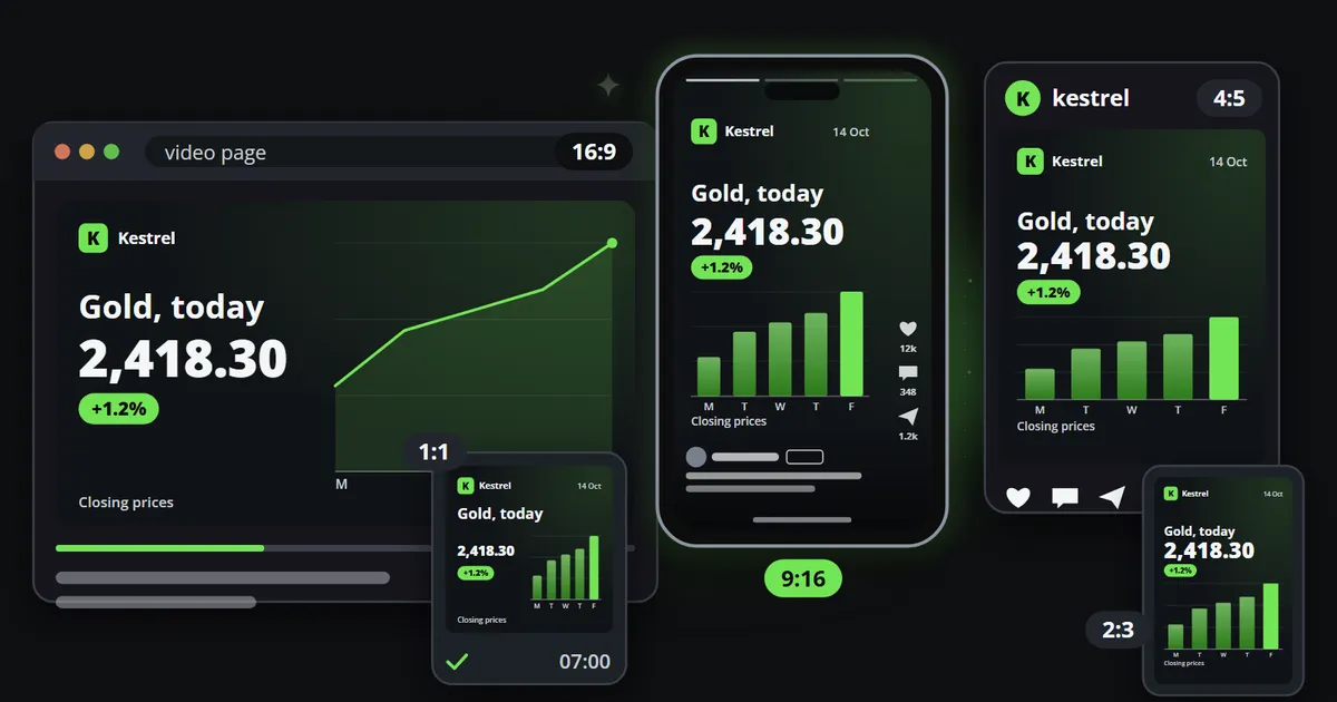 The same gold price clip on a video page in 16:9, a phone in 9:16, a feed post in 4:5, a chat in 1:1 and a pin in 2:3, laid out again for each shape with the logo, headline, figure and chart whole.