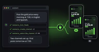 An assistant's chat asking for the gold price every morning at 7:00 in English and Spanish, the tool calls it makes, and a plug connecting it to two phones showing the clip in English and in Spanish.