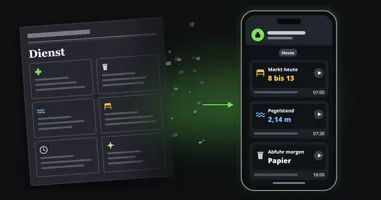 Die Serviceseite einer Zeitung mit Kästen für den Apothekennotdienst, Tonnen, Pegelstände, Märkte, Öffnungszeiten und Veranstaltungen, auf einer Seite verblassend, und daneben ein Telefon mit dem Messenger-Kanal einer Stadt und kurzen Videos zum heutigen Markt, zum Flusspegel und zu den morgigen Tonnen.