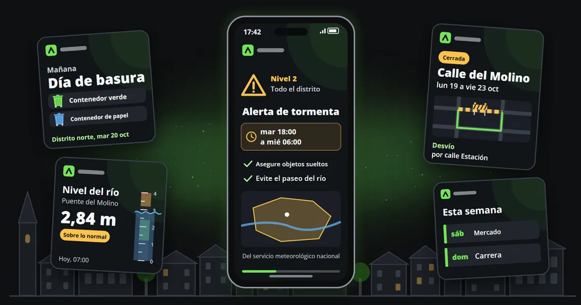 Un teléfono muestra una alerta de tormenta para todo el distrito con su franja horaria y un mapa, rodeado de las publicaciones rutinarias de una ciudad, un recordatorio del día de recogida de basura, el nivel de un río, un corte de carretera y los eventos de la semana, ante los tejados de un pueblo pequeño.