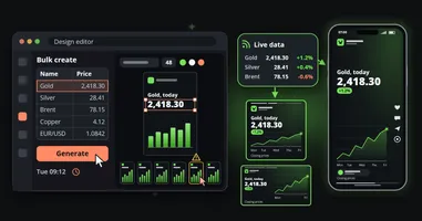 On the left, a design editor with Bulk Create open: a sheet of prices, a cursor on Generate and a strip of copies to check; on the right, live prices running by themselves into the same branded clip on a phone, in a square and in a wide frame.