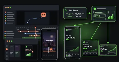 A la izquierda, tres editores con alguien trabajando en cada uno: una línea de tiempo de motion design con fotogramas clave, un editor de diseño con una figura seleccionada y un editor de teléfono que alguien toca; a la derecha, datos que llenan una plantilla con campos con nombre, que dispone el mismo clip de marca en un teléfono, en un cuadrado y en un formato ancho.