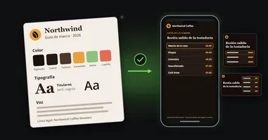 Una guía de estilo impresa de una tostadora de café, con su logo, seis muestras de color y dos muestras tipográficas, y una flecha hacia un teléfono que muestra un clip de lista de precios en exactamente esos colores y fuentes, con una versión cuadrada y otra ancha al lado.