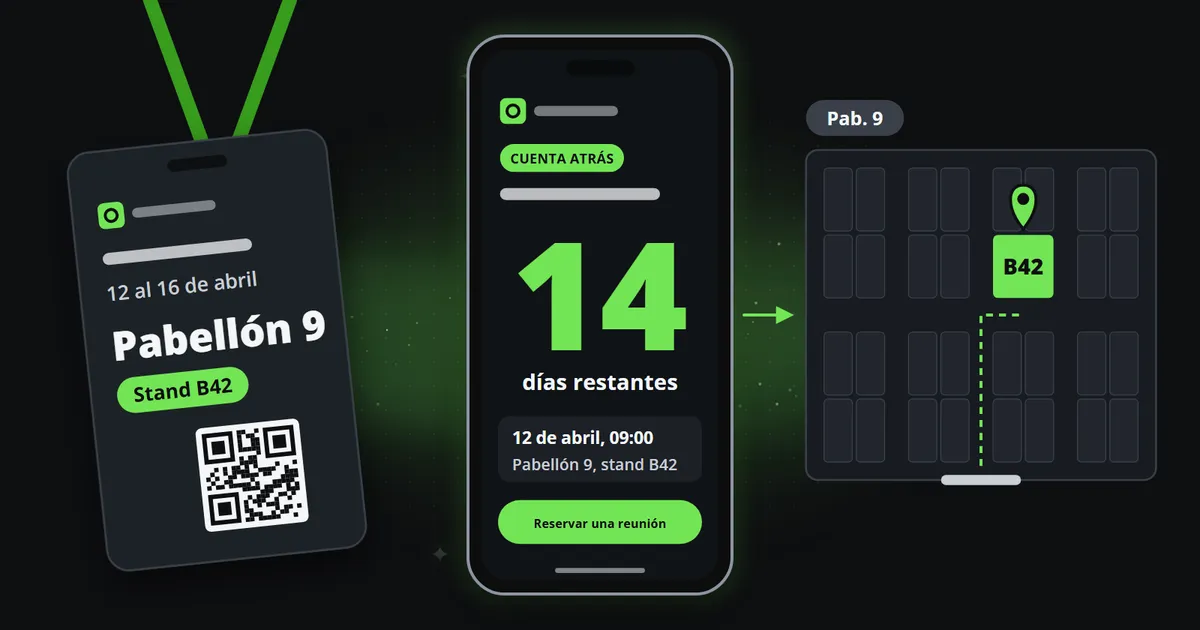 Una acreditación de expositor en un cordón con el texto Pabellón 9, Stand B42, un teléfono que reproduce un clip de cuenta atrás con 14 días por delante y un botón Reservar una reunión, y un plano del recinto con el stand marcado con un pin y el camino desde la entrada.