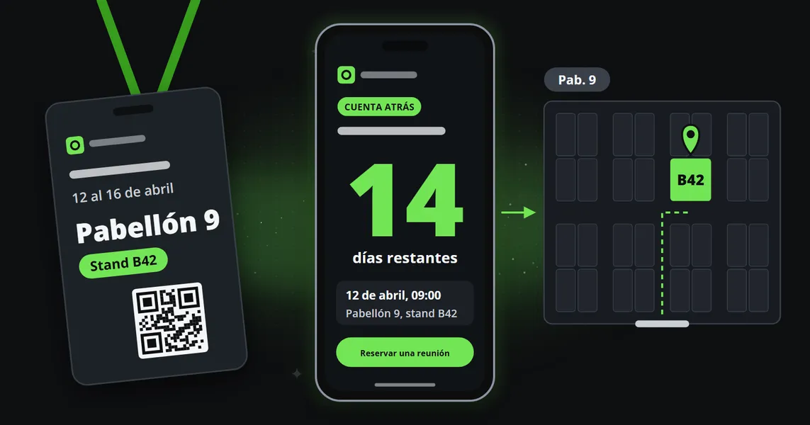 Una acreditación de expositor en un cordón con el texto Pabellón 9, Stand B42, un teléfono que reproduce un clip de cuenta atrás con 14 días por delante y un botón Reservar una reunión, y un plano del recinto con el stand marcado con un pin y el camino desde la entrada.