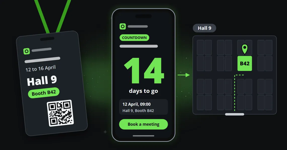 An exhibitor's pass on a lanyard reading Hall 9, Booth B42, a phone playing a countdown clip with 14 days to go and a Book a meeting button, and a hall plan with the booth marked by a pin and the way to it from the entrance.