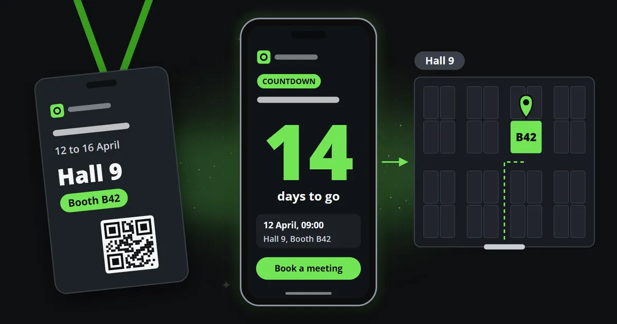 An exhibitor's pass on a lanyard reading Hall 9, Booth B42, a phone playing a countdown clip with 14 days to go and a Book a meeting button, and a hall plan with the booth marked by a pin and the way to it from the entrance.