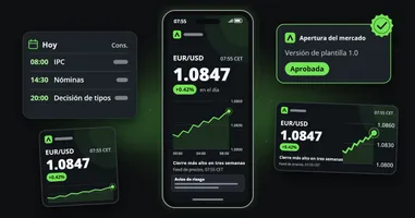 Un teléfono muestra una actualización matinal del mercado para EUR/USD en 1,0847, con una subida del 0,42 % en el día, con su gráfico y advertencia de riesgo, junto al calendario económico del día, la misma actualización en formato cuadrado y apaisado y la tarjeta de la plantilla marcada como aprobada.
