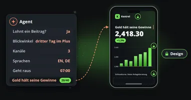 Die Karte eines Agenten mit seinen Entscheidungen, einen Beitrag wert, der Blickwinkel, drei Kanäle, Englisch und Deutsch, 07:00 Uhr, die die Überschrift in einen Clip auf einem Smartphone schreibt, dessen Logo, Diagramm und rechtliche Zeile Vorhängeschlösser tragen.