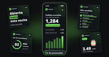 Un teléfono que muestra una publicación sin rostro, los pedidos de hoy como una cifra grande sobre una semana de barras, con el sonido apagado, rodeado de una tarjeta de texto, una cuenta atrás, una clasificación y una tarjeta de oferta, sobre una insignia que dice «Sin presentador».
