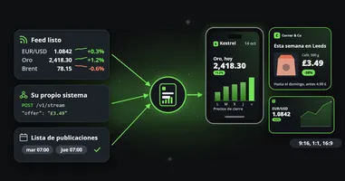 Tres fuentes a la izquierda, un feed listo de precios, un evento de su propio sistema y una lista de publicaciones, fluyen hacia una plantilla y salen como un clip del precio del oro en un teléfono, la oferta semanal de una tienda en un cuadrado y un tipo de cambio en formato panorámico.