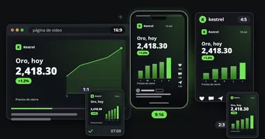El mismo clip del precio del oro en una página de video en 16:9, un teléfono en 9:16, una publicación de feed en 4:5, un chat en 1:1 y un pin en 2:3, dispuesto de nuevo para cada formato con el logo, el titular, la cifra y el gráfico enteros.