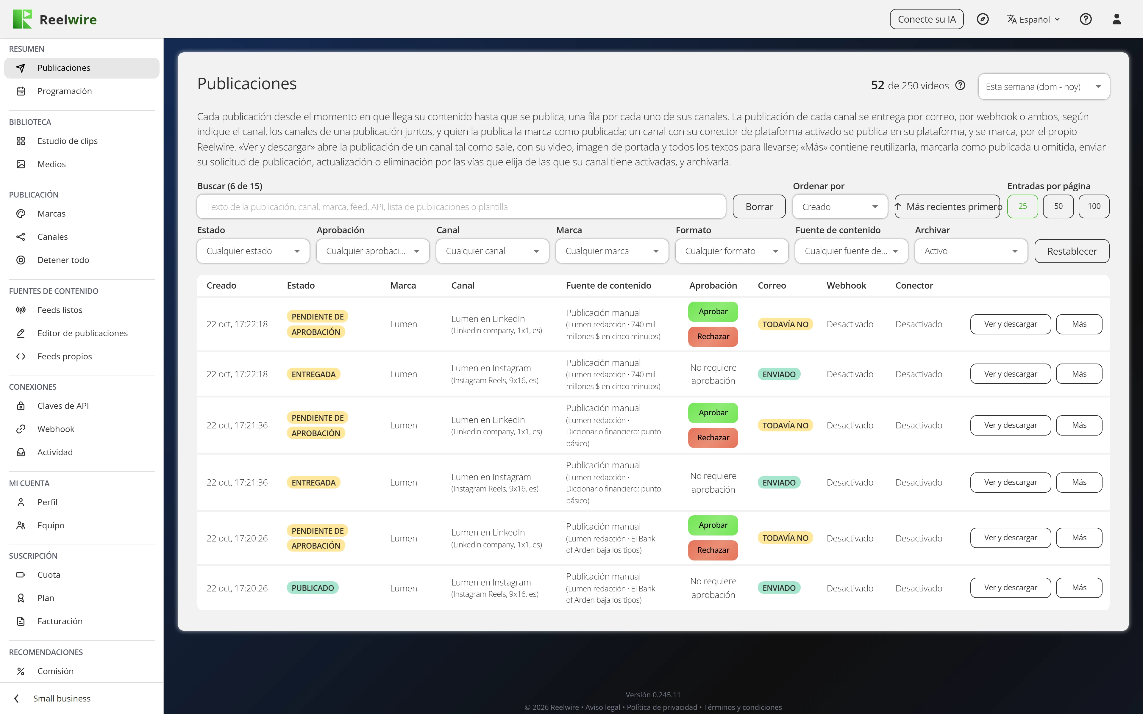 Posts: one row per channel, with its state and Approve and Reject
