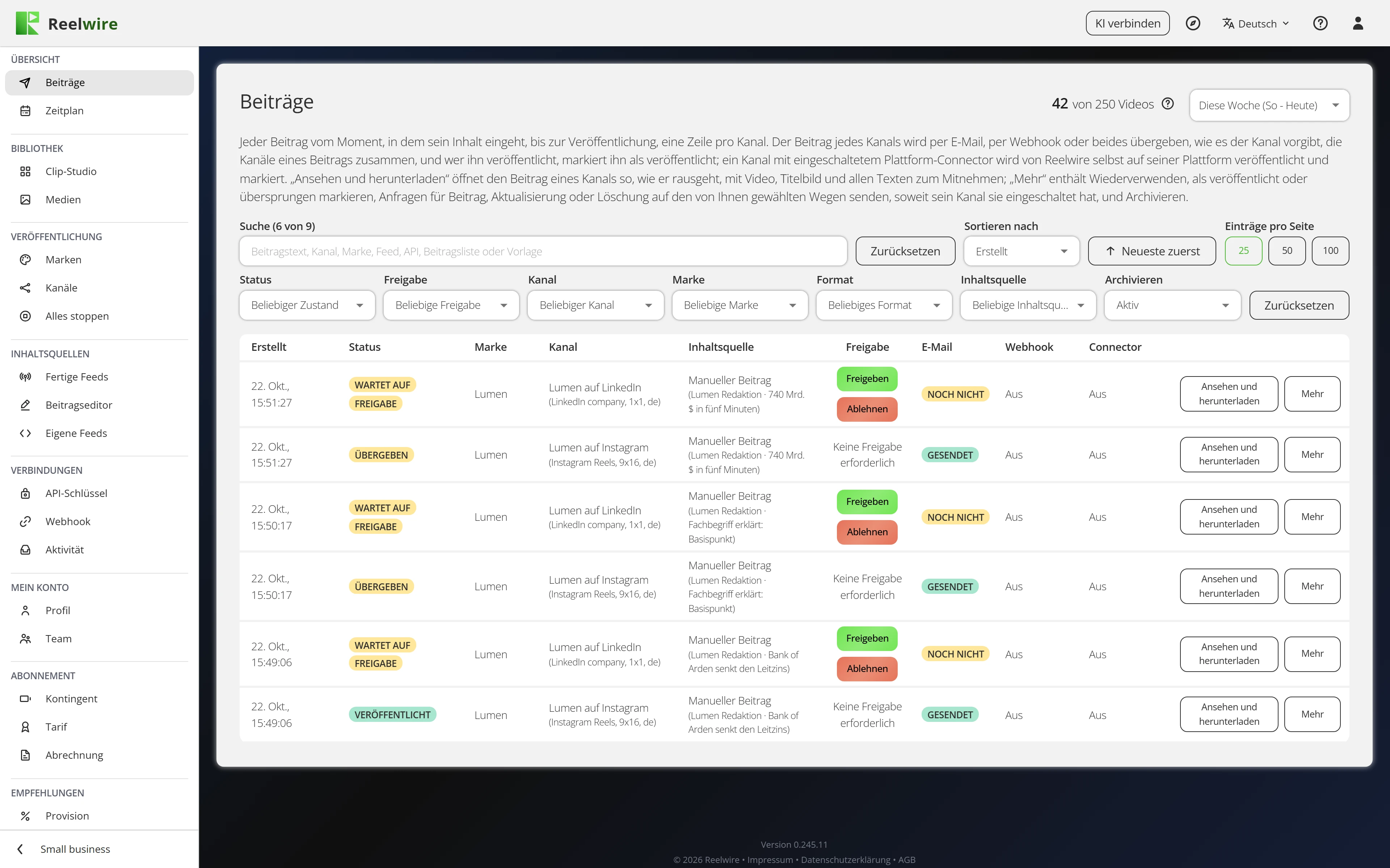 Posts: one row per channel, with its state and Approve and Reject